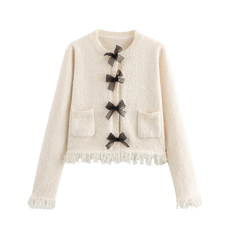 Damen Bouclé-Jacke mit eleganten Schleifen und Fransen Krohn-e