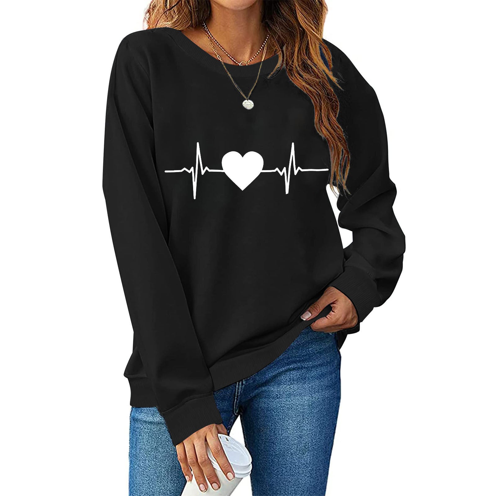Damen Sweatshirt mit kreativem Herzschlag-Design Krohn-e