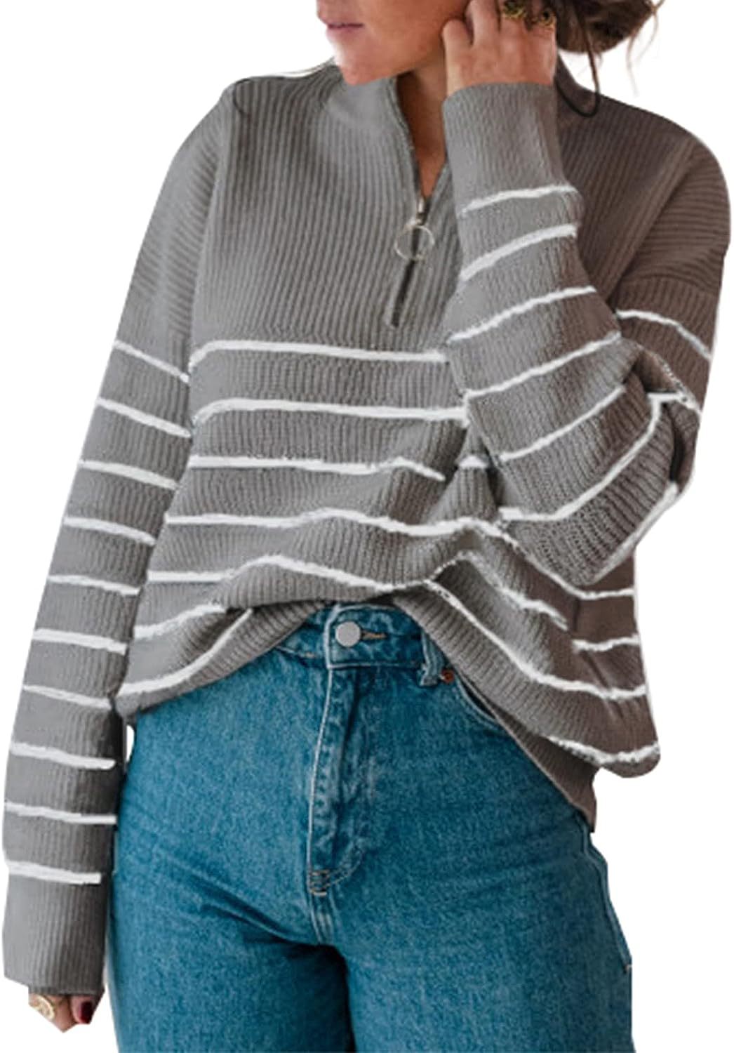Damen lässiger Pullover mit kurzem Reißverschluss und Streifenmuster Krohn-e