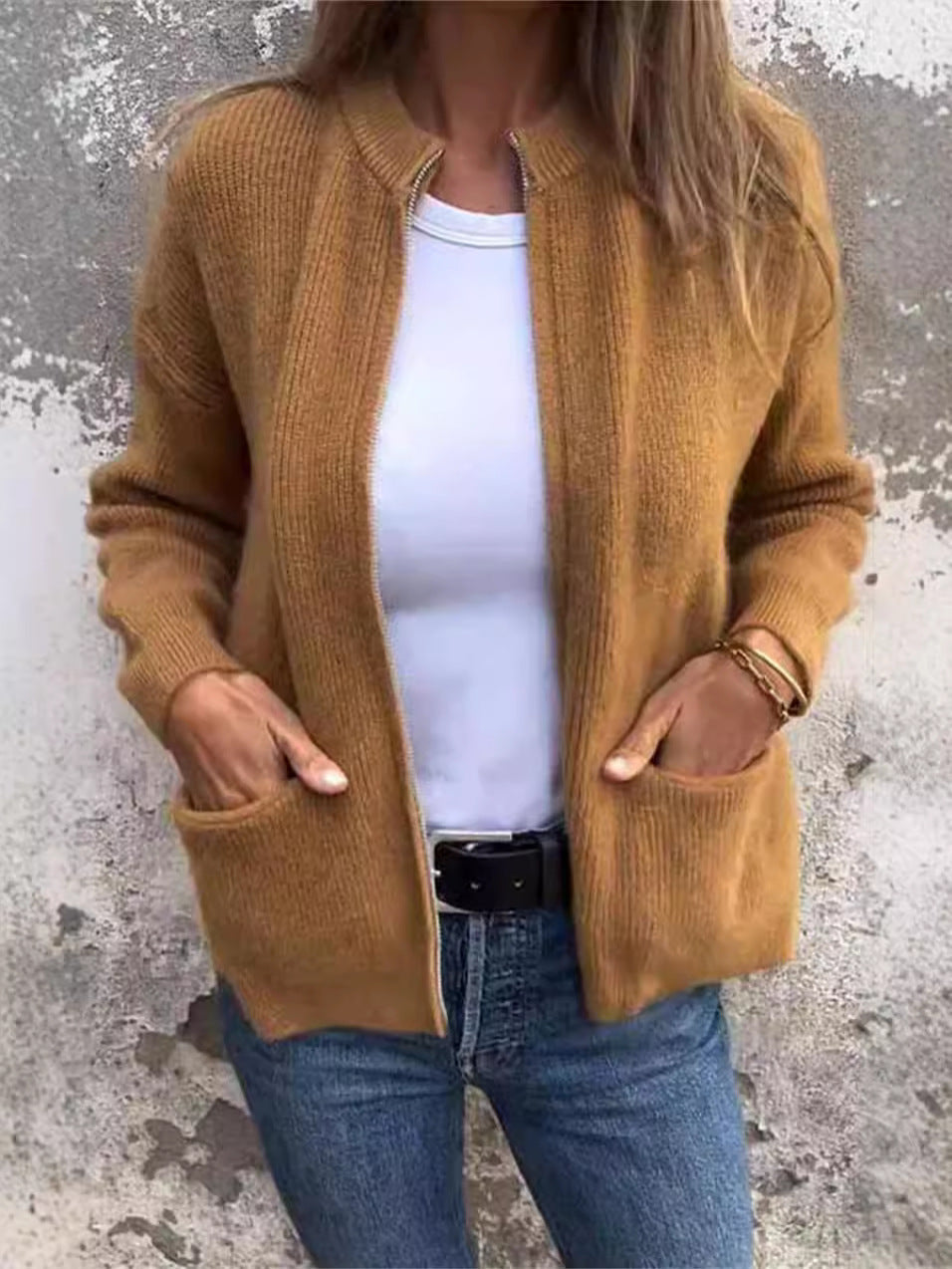 Krohn-e | Reißverschlussjacke - Lockere Passform - Rippstrick - Stehkragen - Lässige Taschen