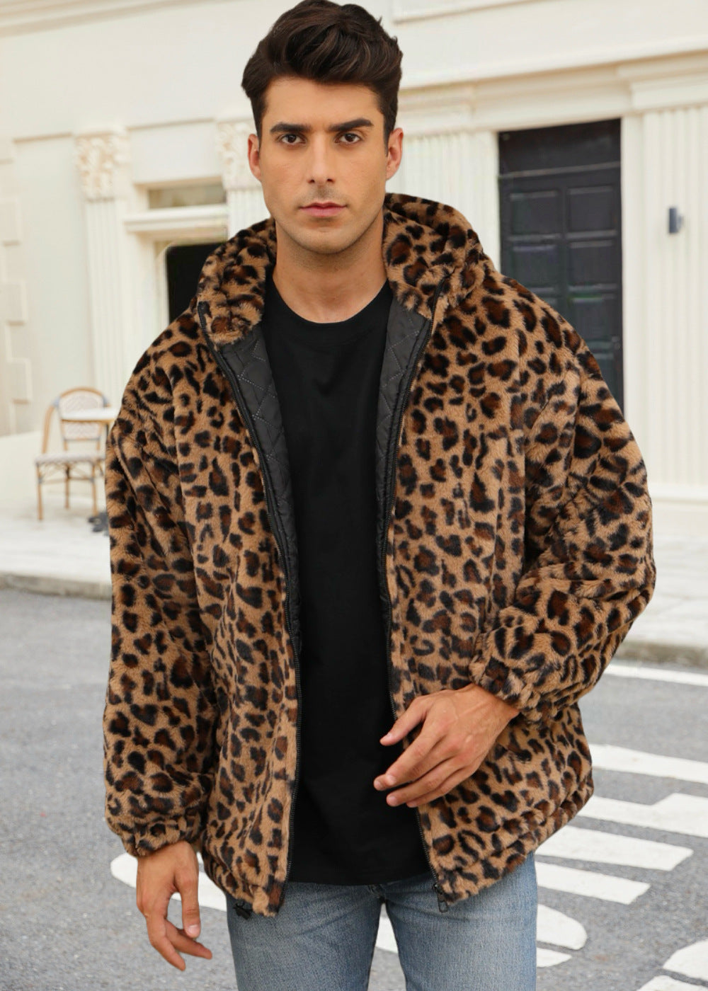 Herren Plüschjacke mit auffälligem Tierprint und Kapuze Krohn-e