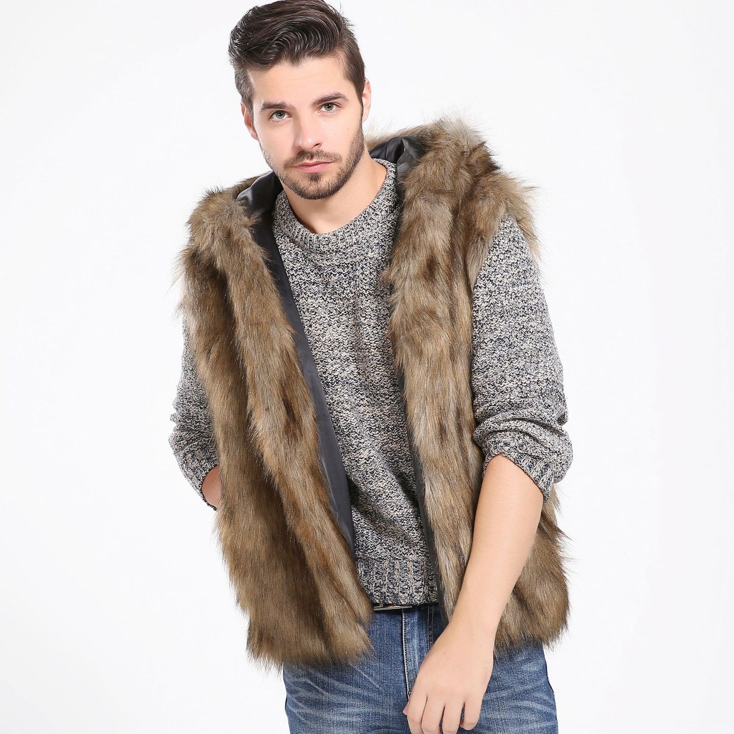 Herren Elegante Kunstpelzjacke mit Kapuze und seitlichen Taschen Krohn-e