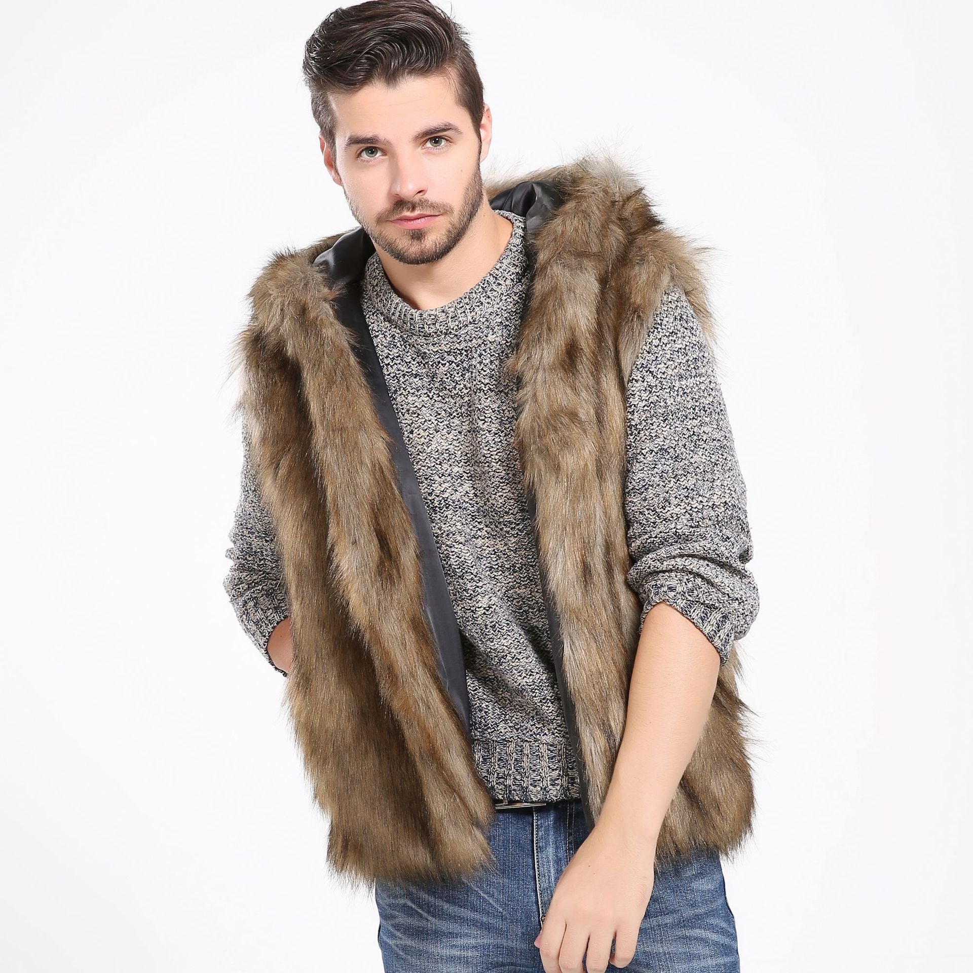 Herren Elegante Kunstpelzjacke mit Kapuze und seitlichen Taschen Krohn-e