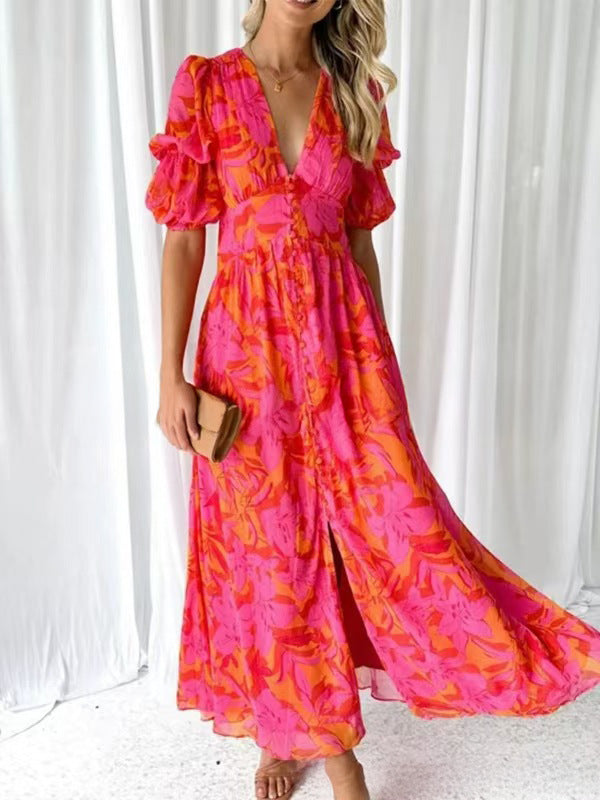 Damen Maxikleid mit Blumenmuster und V-Ausschnitt Krohn-e