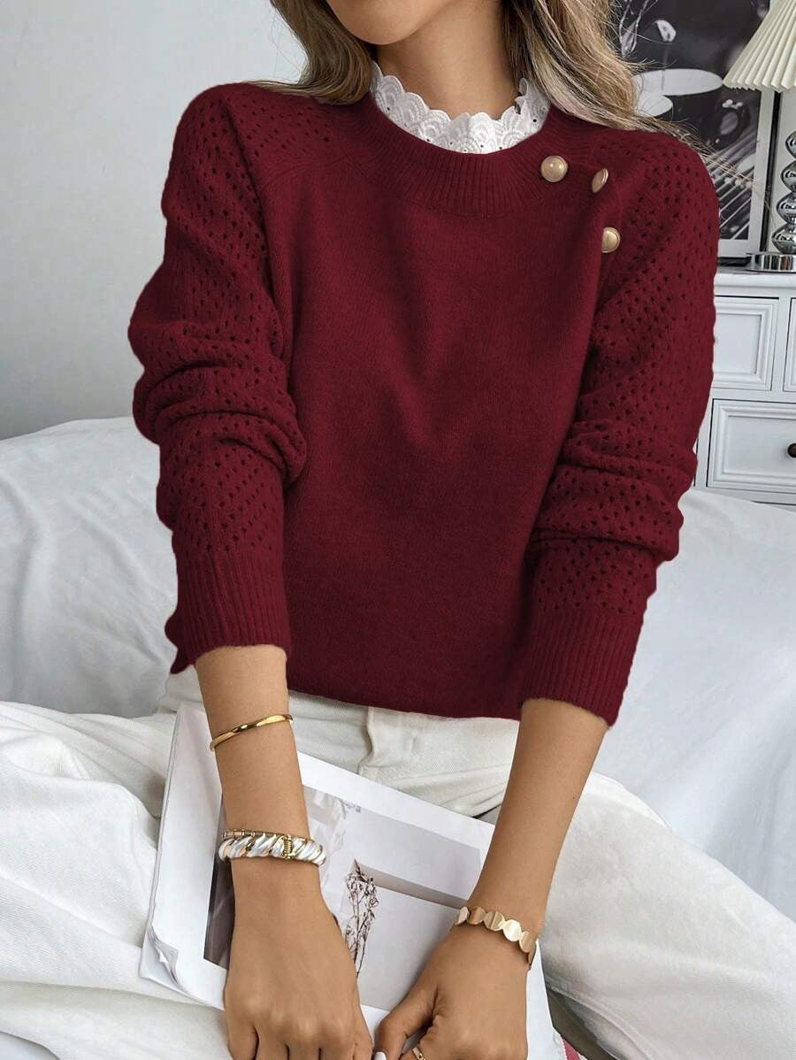 Damen Strickpullover mit dekorativen Knopfdetails und Lochmuster Krohn-e
