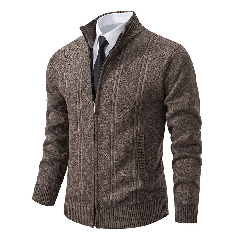 Herren elegante Strickjacke mit strukturiertem Zopfmuster und hohem Kragen Krohn-e