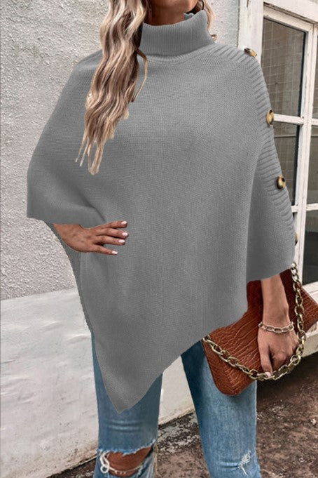 Damen Strick-Poncho mit hohem Kragen und Knopfdetails Krohn-e