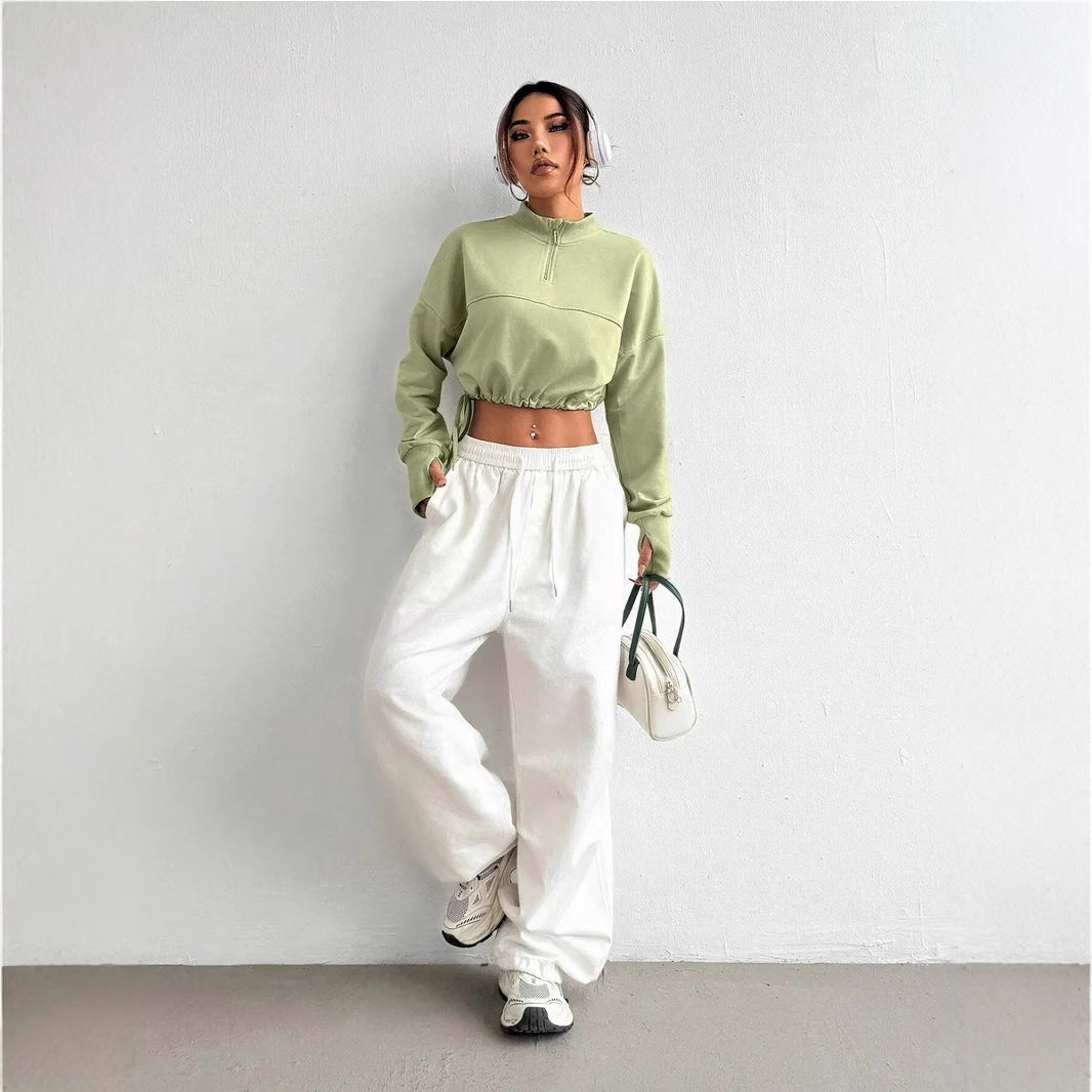 Krohn-e | Crop Pullover Baumwollmischung Bequeme Passform Reißverschlusskragen Ballonärmel