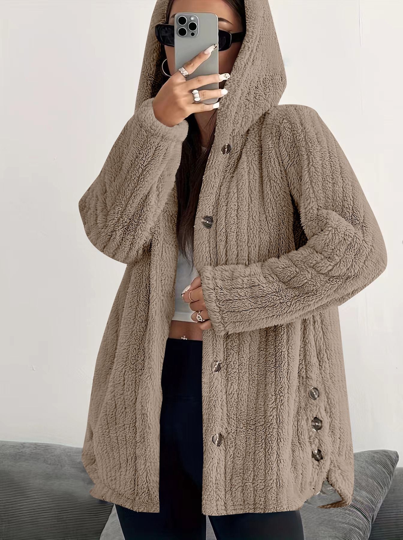 KROHN-E Damen Kapuzen-Cardigan Lange Ärmel Vordertaschen Winter