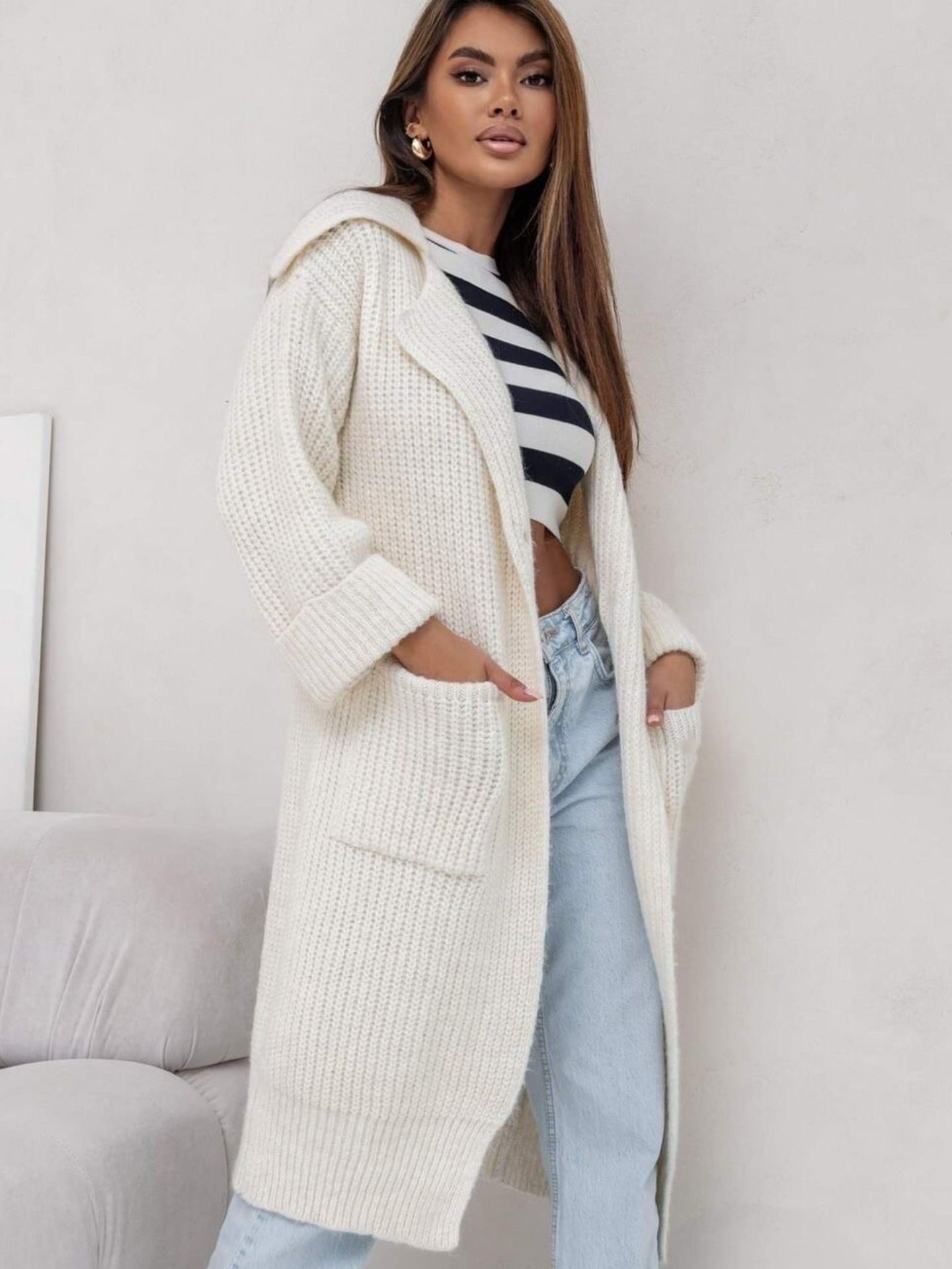 Krohn-e | Langer Strickmantel - Oversized Passform - Wollmix - Mit Kapuze und Taschen