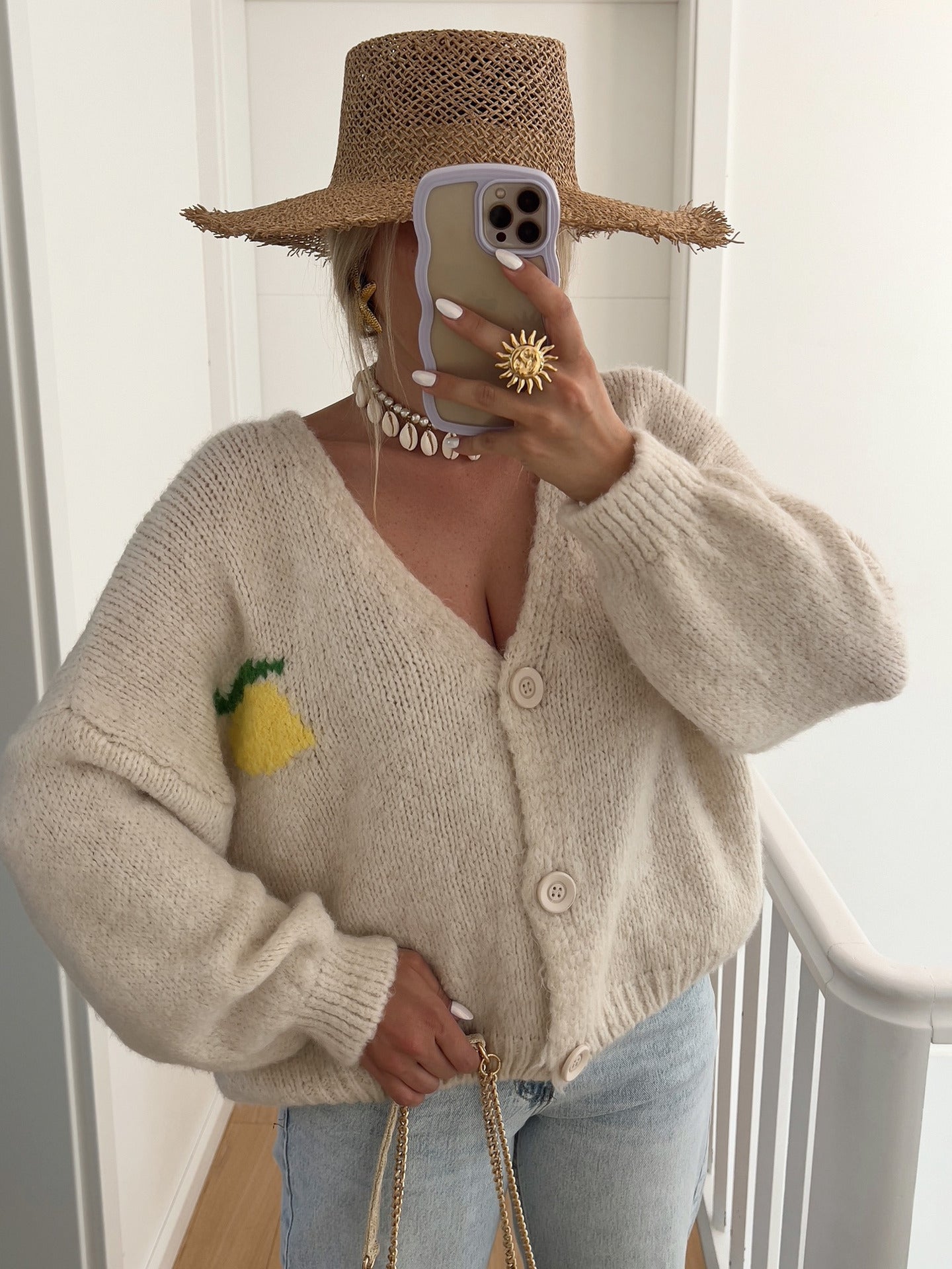 Damen Grober Strickcardigan mit einzigartigem Zitronenmotiv und knopfbarem Verschluss Krohn-e