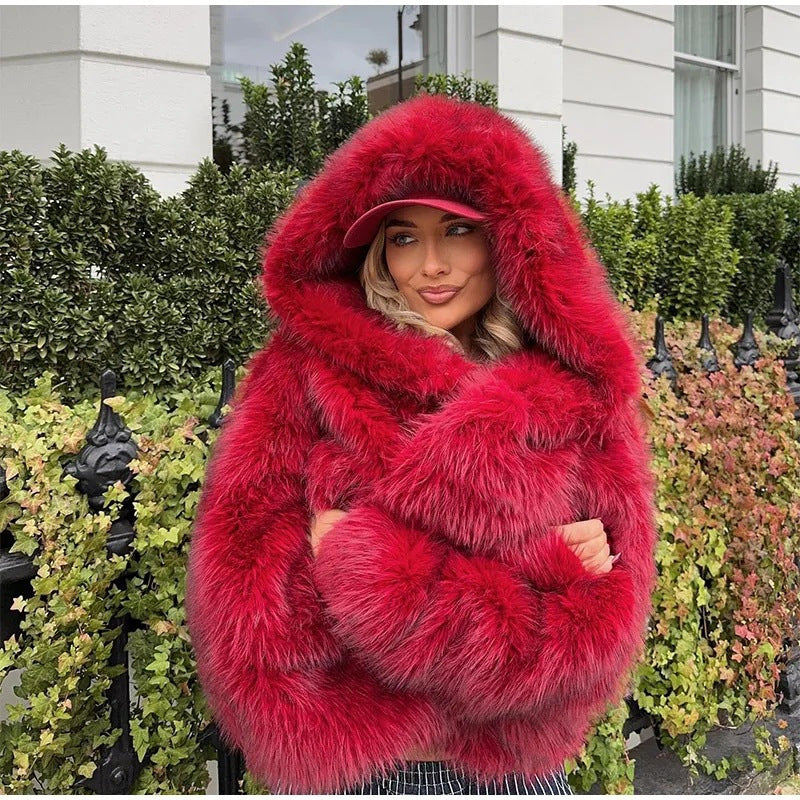 Damen oversized Kunstpelz-Jacke mit Kapuze und weiten Ärmeln Krohn-e
