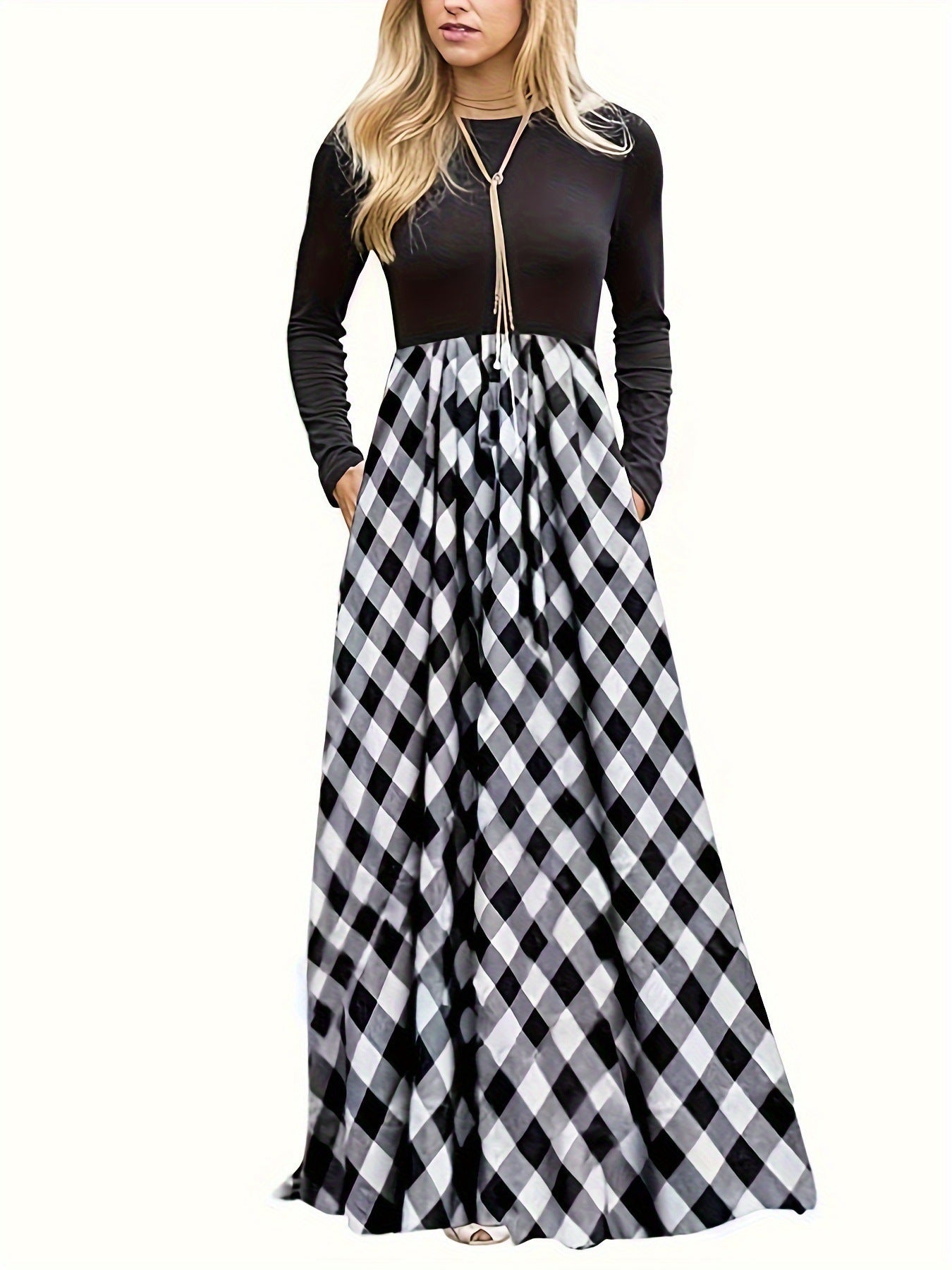 Damen Maxikleid mit modernem Karomuster und langen Ärmeln Krohn-e