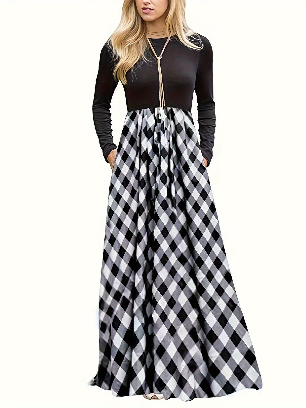 Damen Maxikleid mit modernem Karomuster und langen Ärmeln Krohn-e