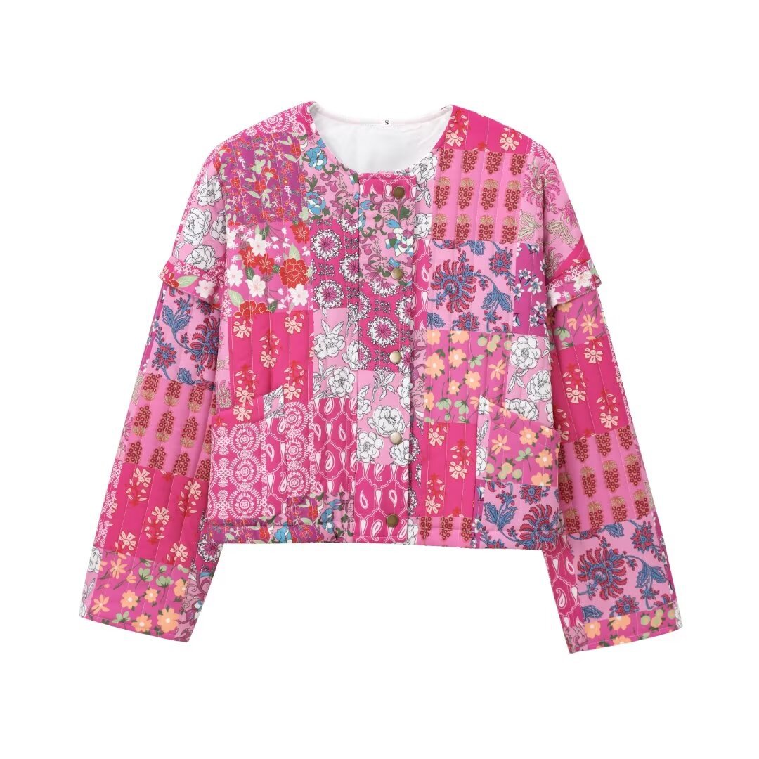 Damen Patchwork-Jacke mit floralen Motiven und praktischen Taschen Krohn-e