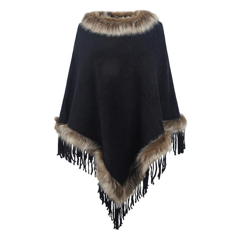 Damen eleganter Poncho mit luxuriösem Kunstfellkragen und dekadenten Fransen Krohn-e