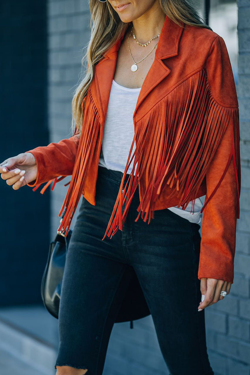 Krohn-e | Revers Langarm Fransen Crop Hippie Jacke