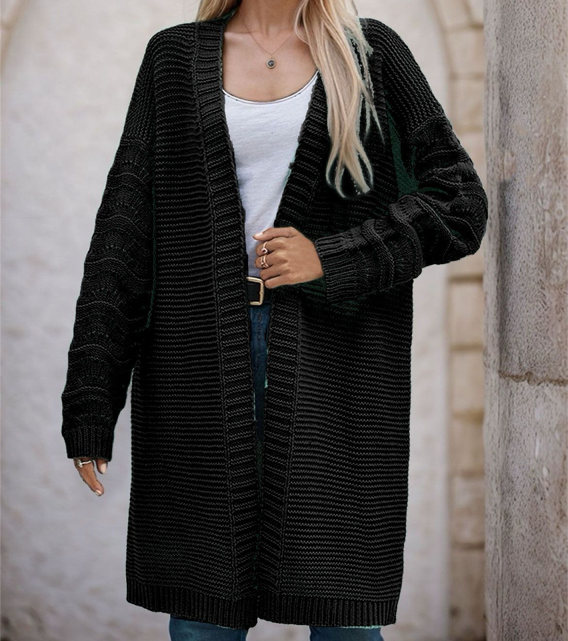Damen Langer Strickcardigan mit luftiger Maschenstruktur und offener Front Krohn-e