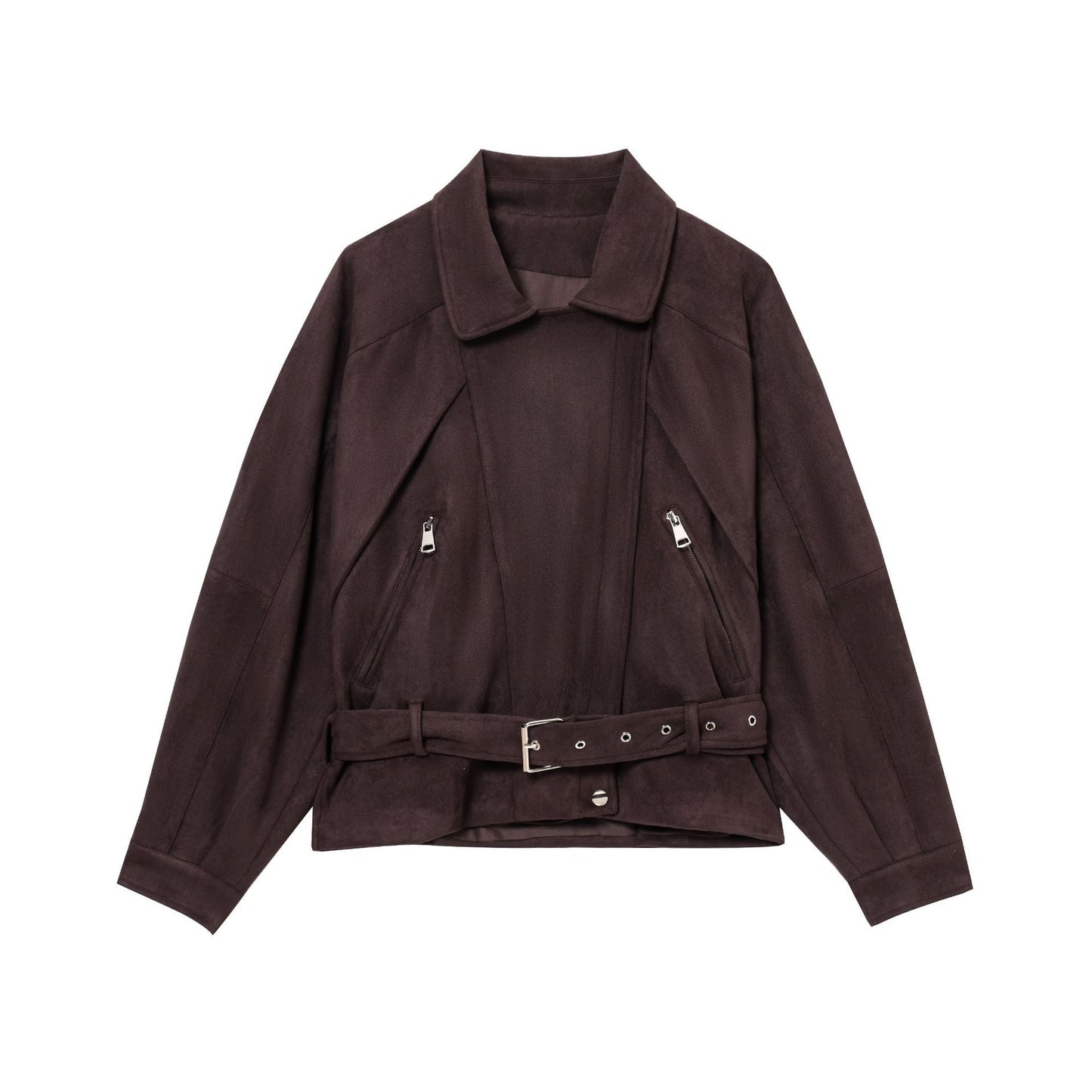 Damen stilvolle Suedejacke mit verstellbarem Gürtel und praktischen Reißverschlüssen Krohn-e