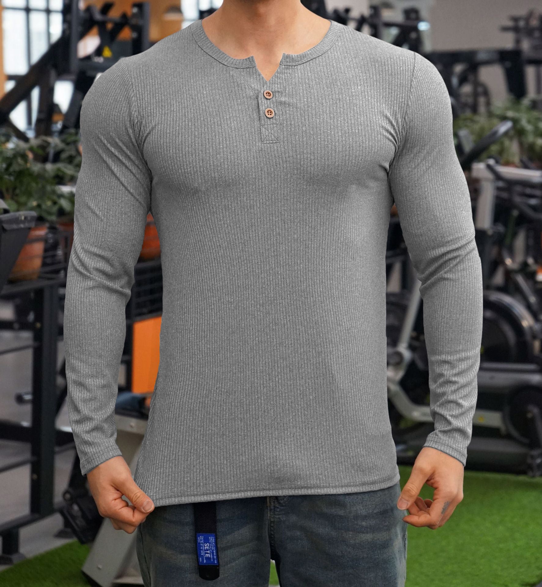 Herren Langarmshirt mit strukturiertem Design und Knopfleiste Krohn-e