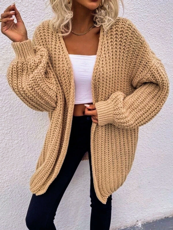 Damen lässiger Grobstrick-Cardigan mit tiefen Taschen und voluminösen Ärmeln Krohn-e