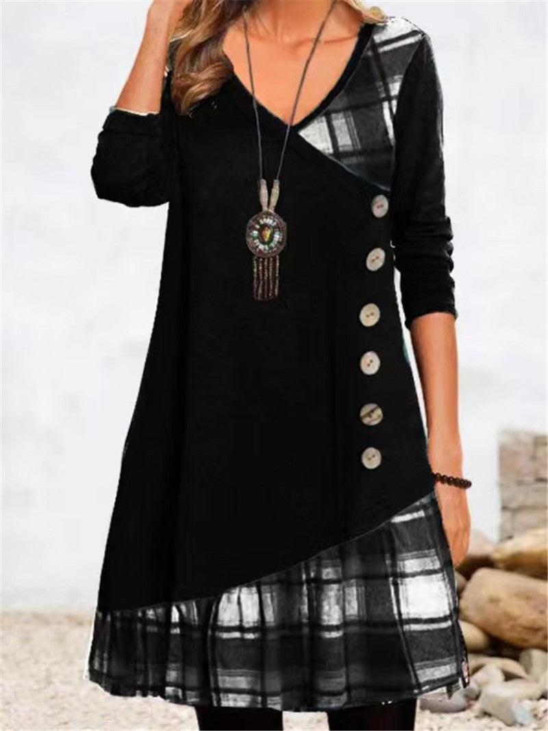 Damen asymmetrisches Freizeitkleid mit kariertem Saum und Knopfdetail Krohn-e