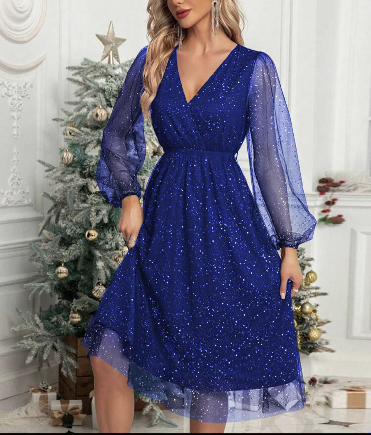 Damen Glamouröses Midikleid mit transparenten Puffärmeln und schimmerndem Paillettenmuster Krohn-e