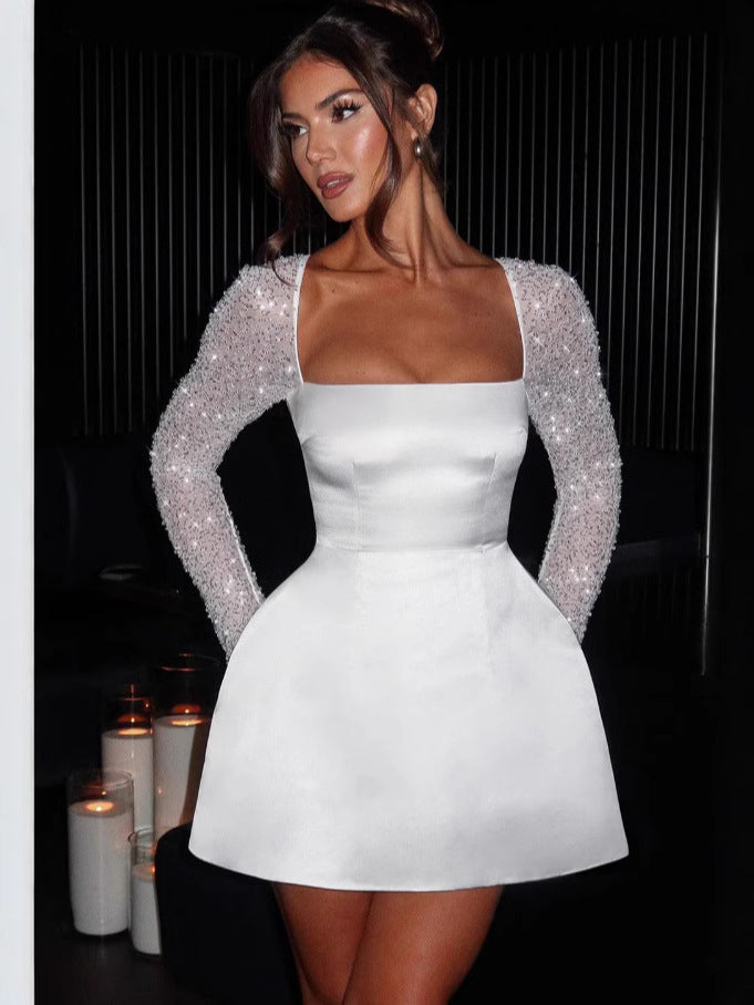 Damen Glamouröses Minikleid mit transparenten Paillettenärmeln und schwingendem Rock Krohn-e