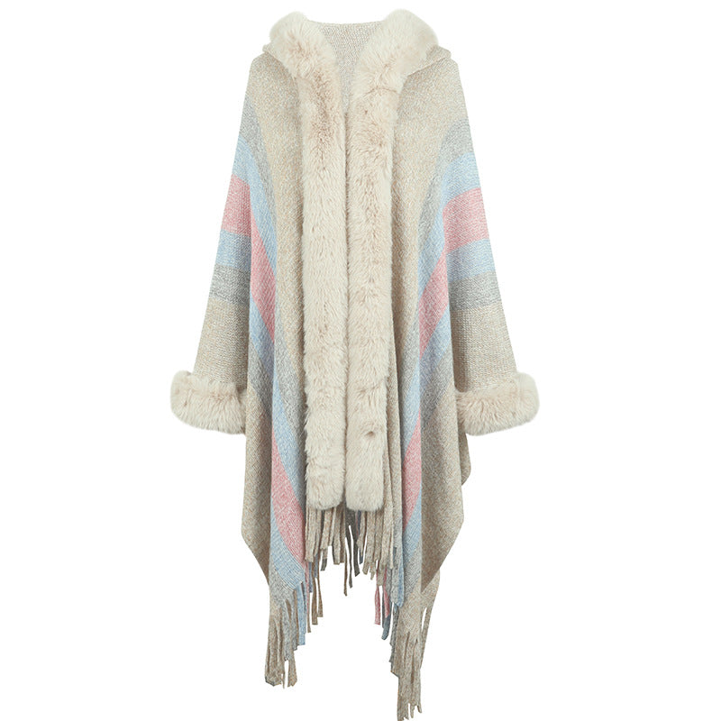 Damen modischer Poncho mit luxuriösem Kunstfellkragen und Fransen Krohn-e