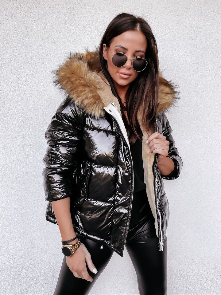 Damen Glänzende Winterjacke mit abnehmbarer Kapuze und Kunstfellkragen Krohn-e