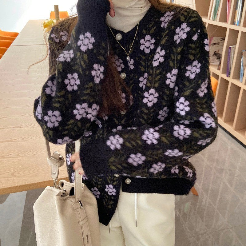 Damen Strickjacke mit floralen Muster und Knöpfen Krohn-e