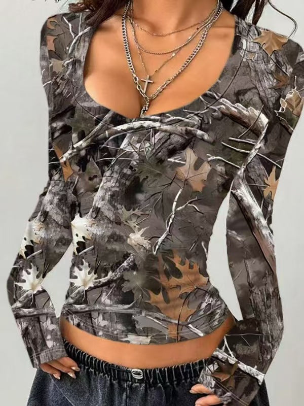 Damen Camouflage Langarmshirt mit V-Ausschnitt und modernen Details Krohn-e