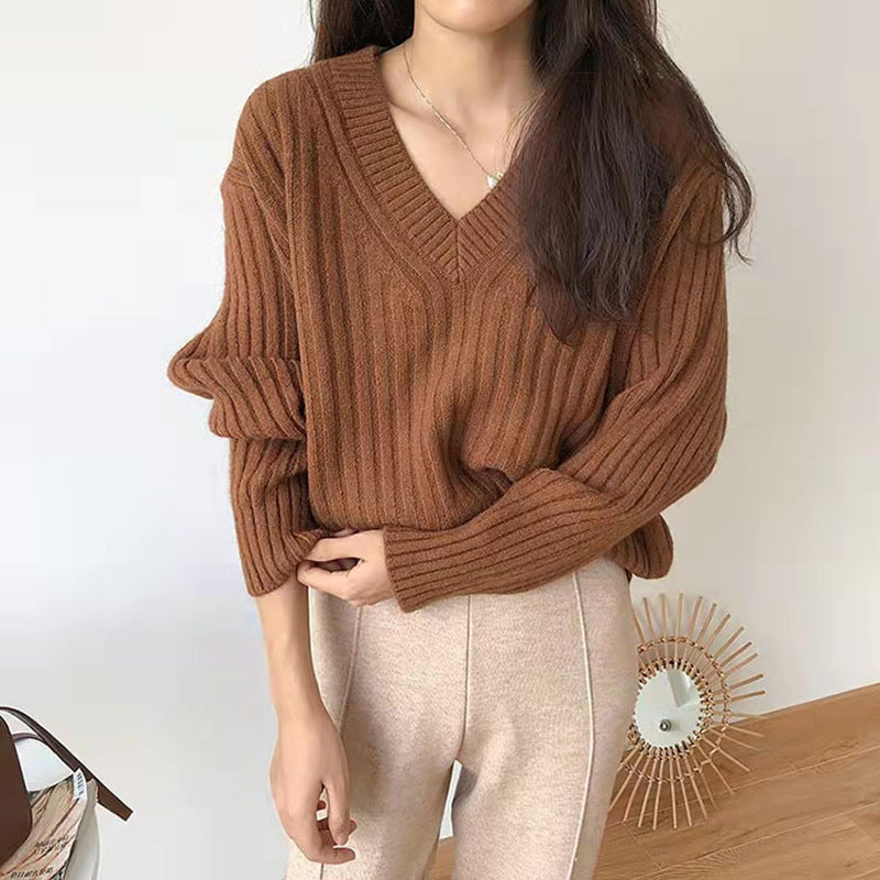 Damen Viskose-Strickpullover mit V-Ausschnitt und geripptem Design Krohn-e