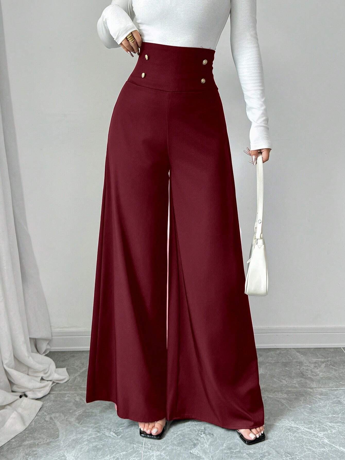 Damen Weite High-Waist Hose mit dekorativen Knöpfen Krohn-e