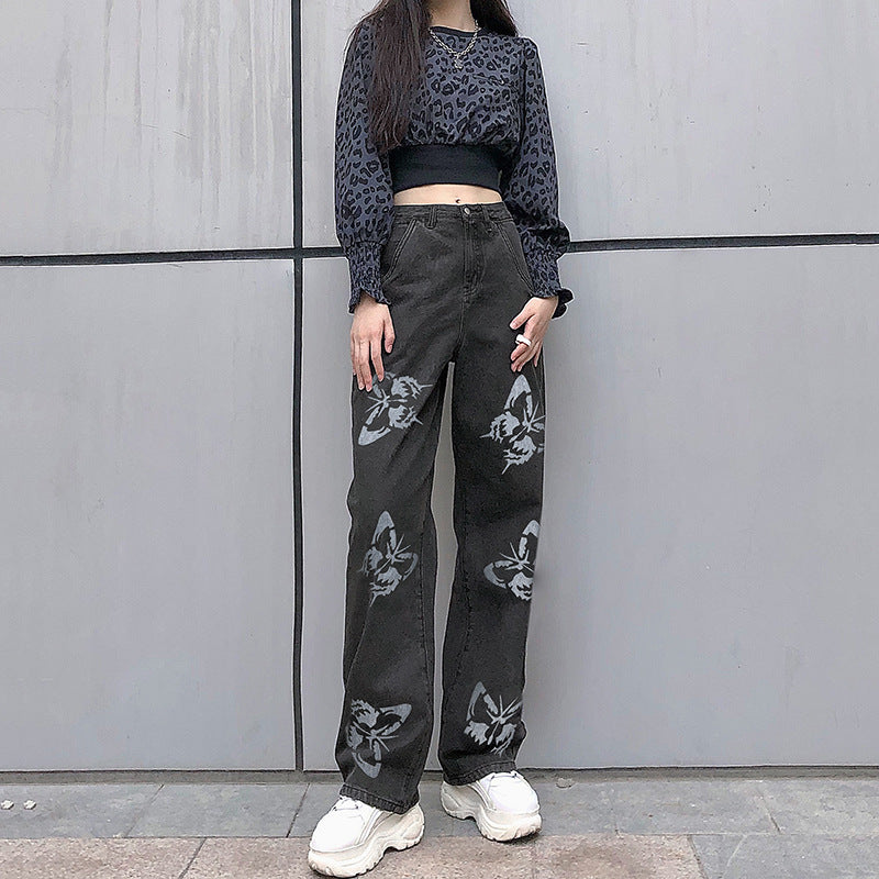 Damen Weit geschnittene Jeans mit kreativem Schmetterlingsdruck Krohn-e