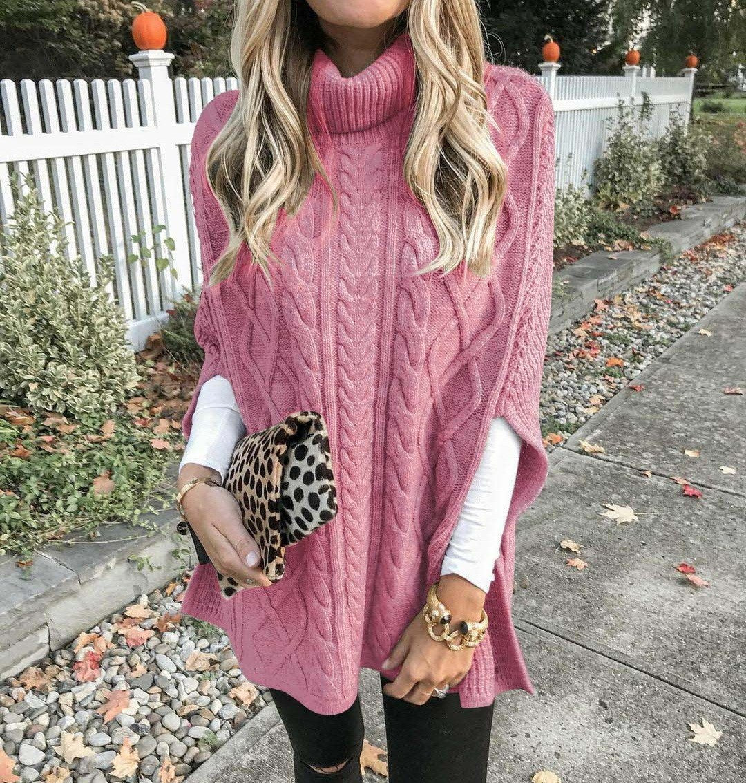 Damen Strickponcho mit hochschließendem Kragen und klassischem Kabelmuster Krohn-e