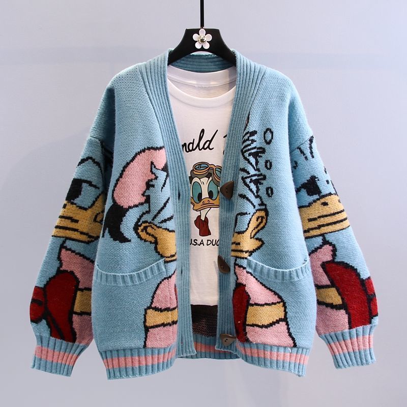 Damen Cartoon-Design Strickjacke mit breiten Ärmeln und Taschen Krohn-e