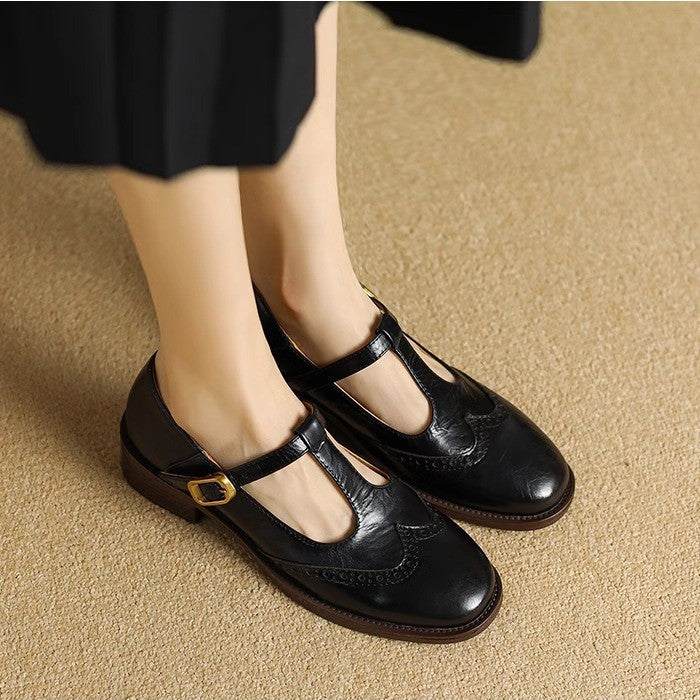 KROHN-E Damen Mary Jane Schuhe Leder T-Riemen Blockabsatz Brogue