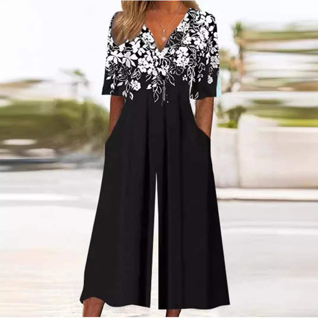 Elegantes gemustertes Damen-Jumpsuit mit weiten Beinen