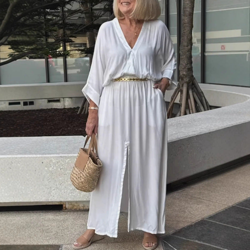 Fudus lässiges Kleid mit V-Ausschnitt und Schlitz