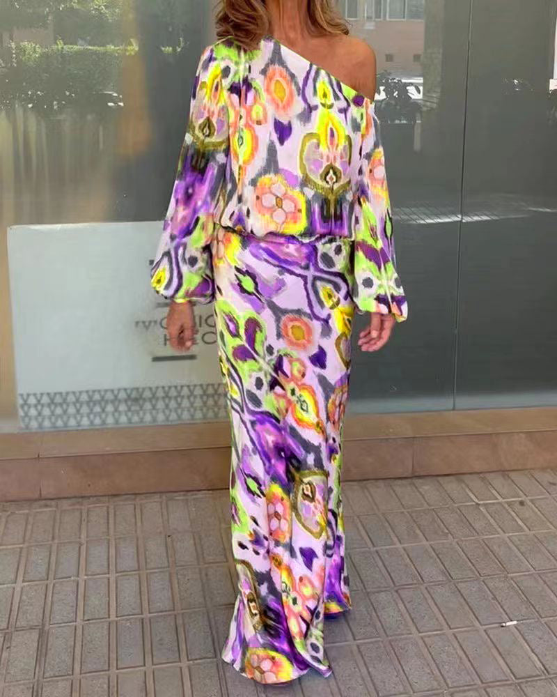 Damen Elegantes Maxikleid im grafischen Batikdesign mit Off-Shoulder-Ausschnitt und voluminösen Ärmeln Krohn-e