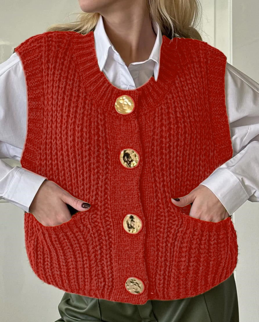 Damen gemütliche Strickweste mit großen Knöpfen und praktischen Taschen Krohn-e
