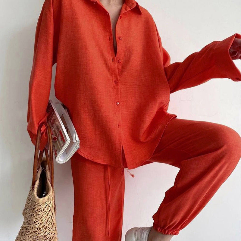 Damen lässiges Leinen Ensemble mit elegantem Hemd und weiter Hose Krohn-e