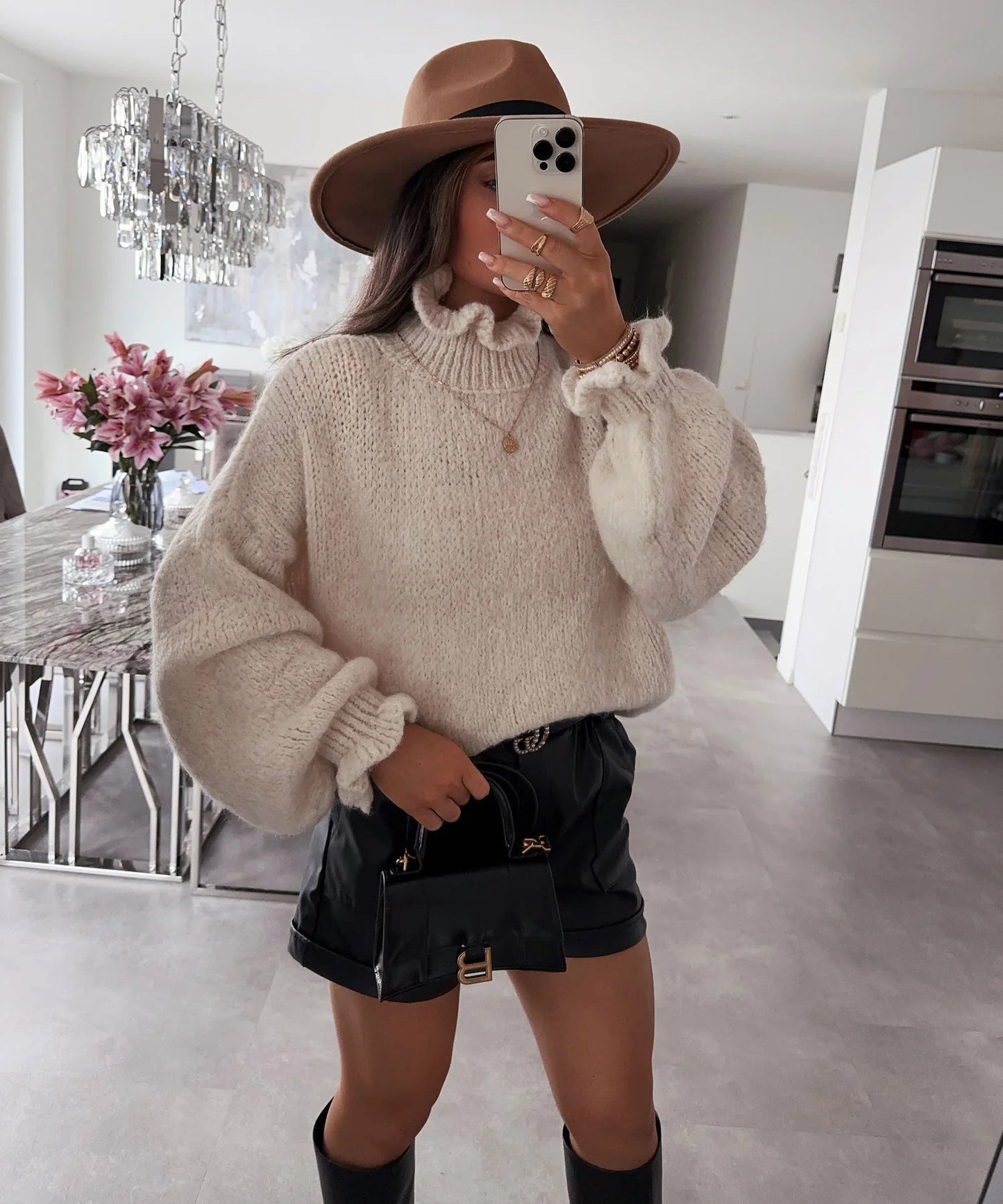 Damen kuscheliger Rollkragenpullover mit weiten Ärmeln und strukturellem Design Krohn-e