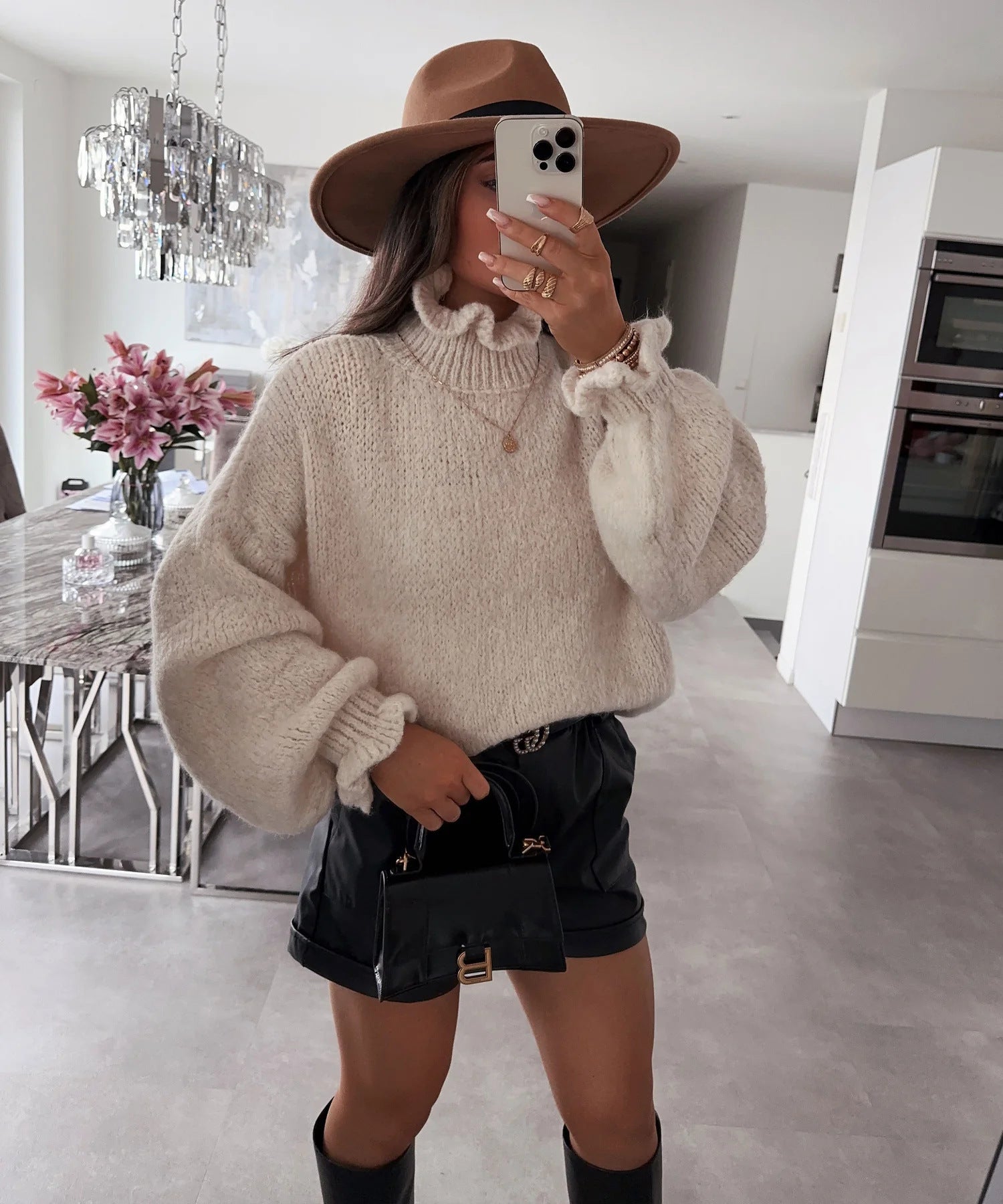 Damen kuscheliger Rollkragenpullover mit weiten Ärmeln und strukturellem Design Krohn-e