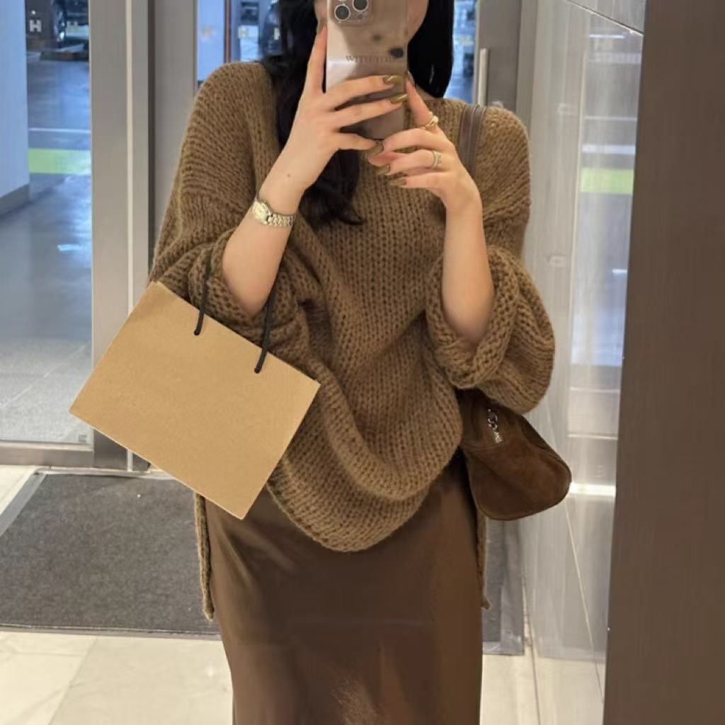 Krohn-e | Übergröße Pullover Grobstrick Off Shoulder Langarm Freizeitfit