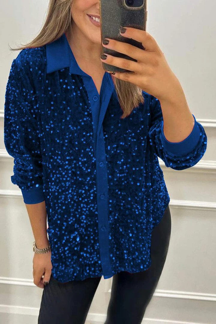 Damen Glitzernde Bluse aus Pailletten mit klassischem Kragen Krohn-e
