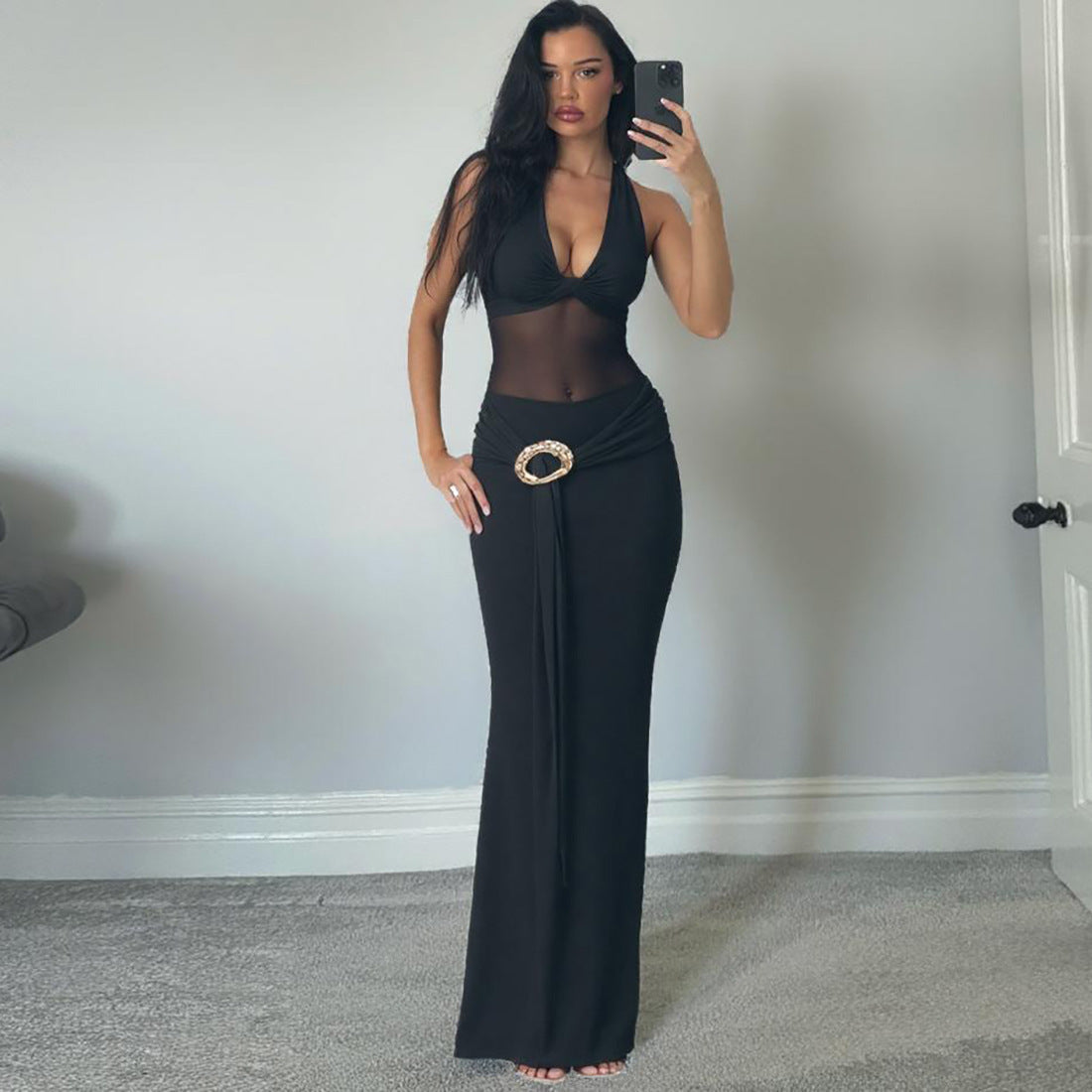 Damen Maxi-Überwurfkleid mit transparentem Material und eleganter Gürtelschnalle Krohn-e