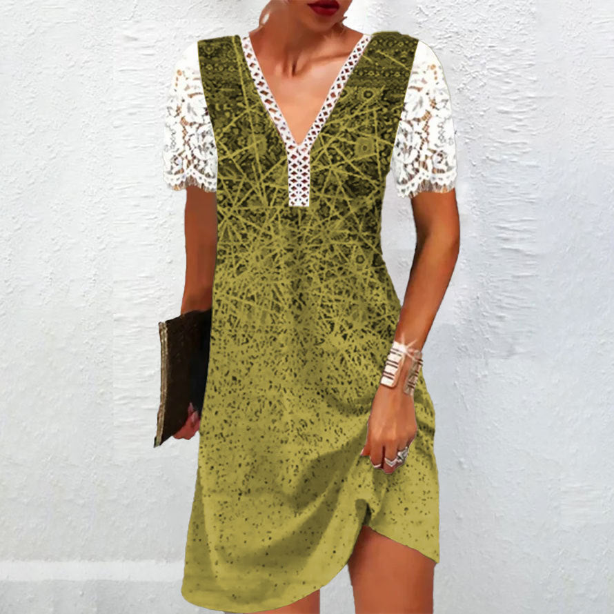 Raffiniertes bedrucktes Spitzenkleid mit V-Ausschnitt und Ärmeln von Fudus