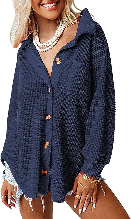 Damen lässige Waffle-Hemdenjacke mit Knopfverschluss Krohn-e